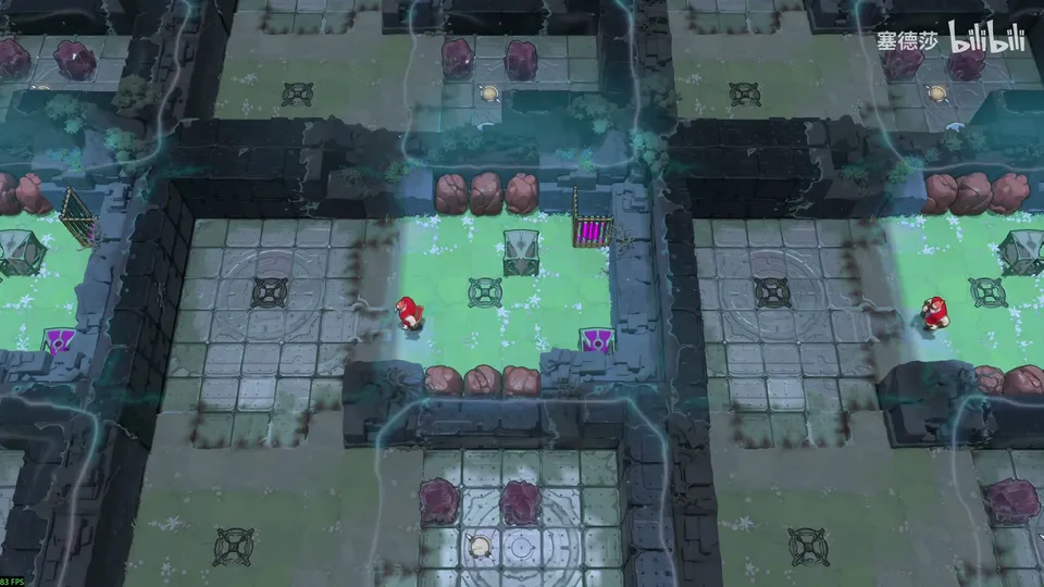 Low Beamcasters puzzle 47: a grid of dark stone blocks with glowing green-floored squares, X-marked tiles, small pink crystals and red figures