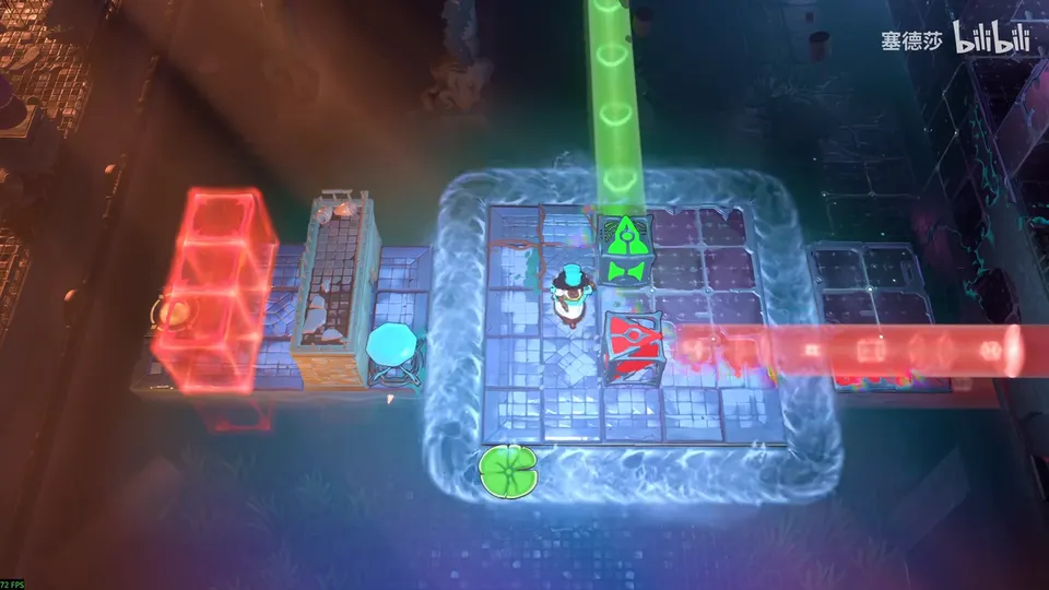 Low Beamcasters puzzle 48: a pool with a ring of flowing current, a green emitter firing up, a red emitter firing right, red energy blocks on the left and a lily pad