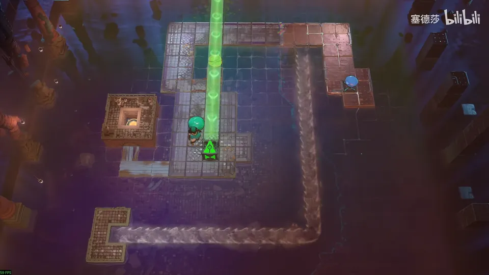 Low Beamcasters puzzle 49: a dark room with a U-shaped stone channel of current, a green beam firing up from an emitter, a cyan figure and a small stone hut