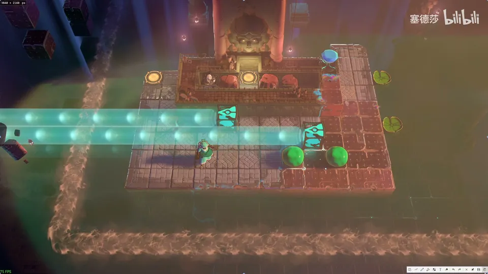 Low Beamcasters puzzle 50: a long brown room seen at an angle with a cyan beam running left along it, lily pads, green crystals and a small shrine at the top
