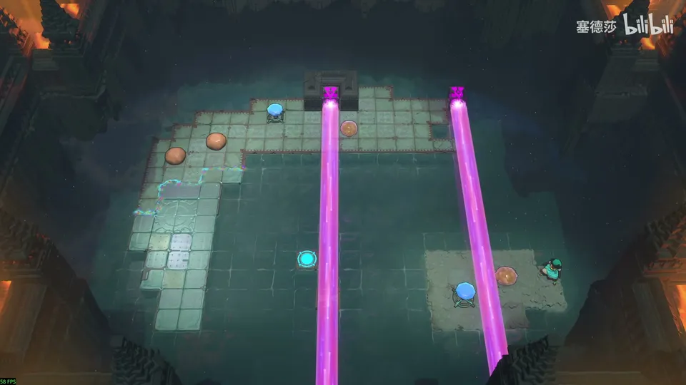Low Beamcasters puzzle 51: dark water with a pale stone walkway in a C shape, two tall magenta beams, orange and cyan pads and a small figure