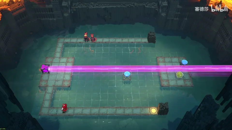 Low Beamcasters puzzle 52: a dark lake with a pale stone rim, a magenta beam running right from an emitter, two red dragons at the top and small blue and yellow pads