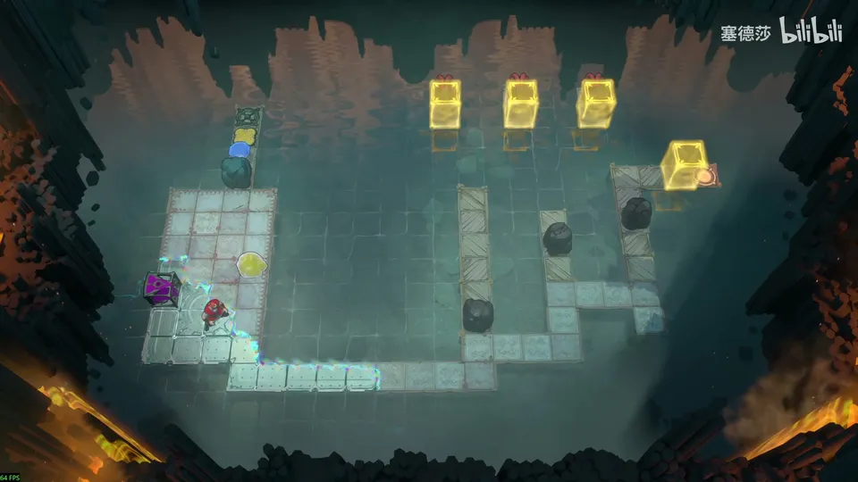 Low Beamcasters puzzle 53: a dark room with a pale stone path, three yellow energy blocks at the top, a magenta emitter on the left and black stones
