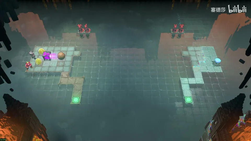 Low Beamcasters puzzle 54: a misty lake with two pale stone islands, red dragons at the top of each, a purple emitter and green exit pads below