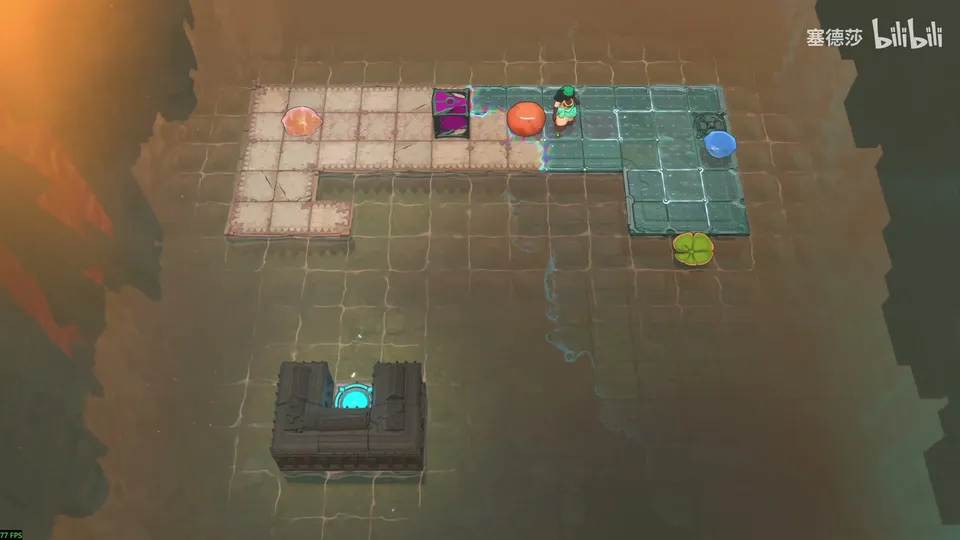 Low Beamcasters puzzle 55: murky orange water with a pale stone path, a purple emitter, orange pads, a green lily pad and a small dark hut with a cyan exit below