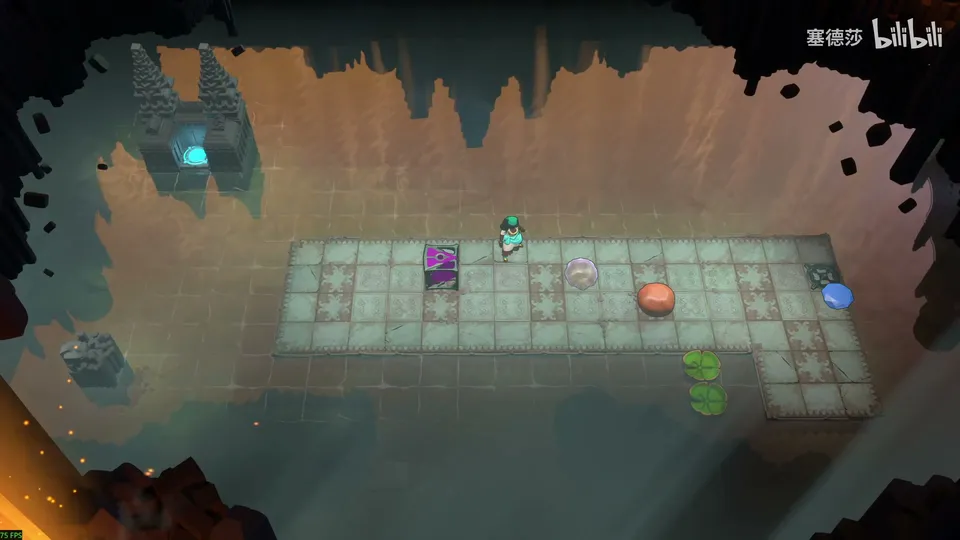Low Beamcasters puzzle 56: a dark cave over murky water with a long pale stone pier, a purple emitter, an orange pad, a lily pad and a cyan exit at the top left