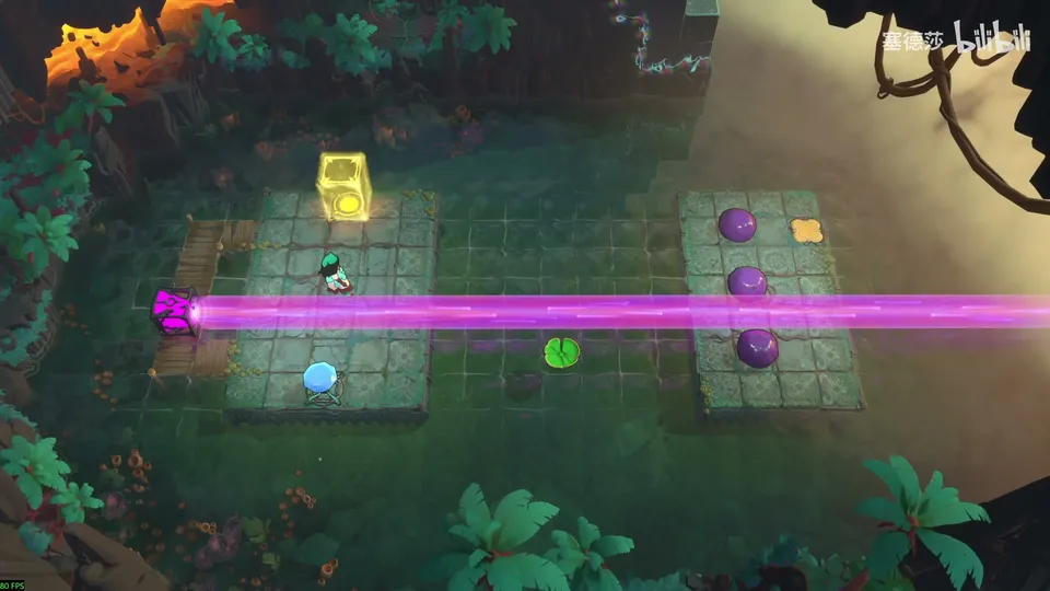 Low Beamcasters puzzle 57: a jungle pool with three stone platforms, a magenta beam across, a yellow block at the top, purple stones and a green lily pad