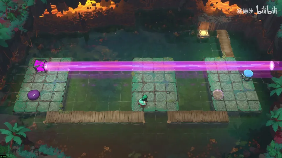 Low Beamcasters puzzle 58: a jungle pool with three stone platforms and wooden walkways, a magenta beam across the top, a purple stone on the left and a blue gem on the right