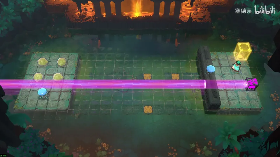 Low Beamcasters puzzle 59: a dark pool with a stone platform on the left holding four golden skipping stones, a magenta beam across, a dark wall and a yellow block on the right