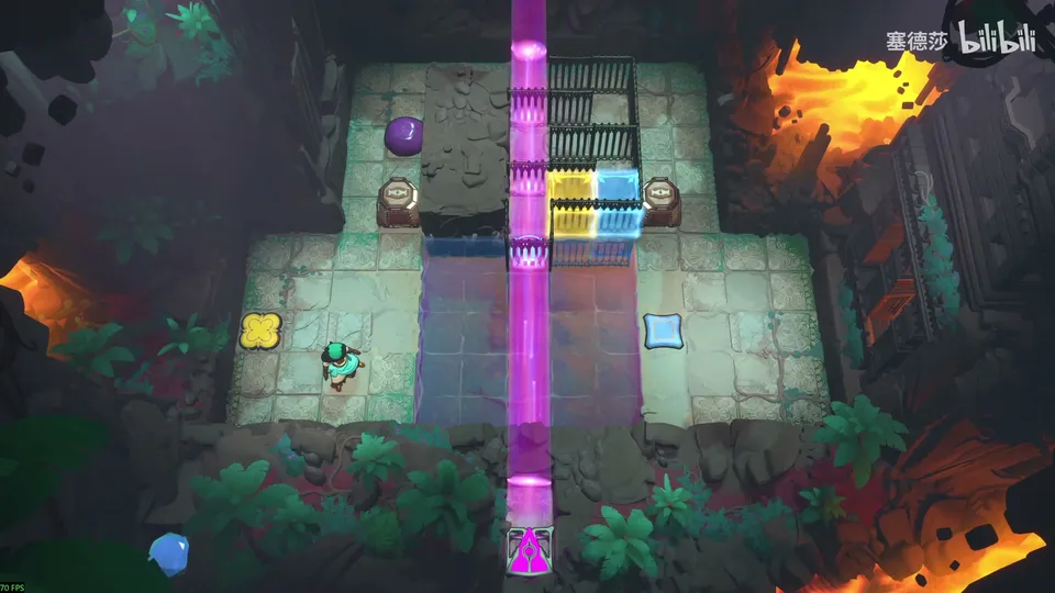 Low Beamcasters puzzle 60: a dark stone room cut by a vertical magenta beam, yellow and blue energy blocks at the top, brown stones, a purple stone and blue pads