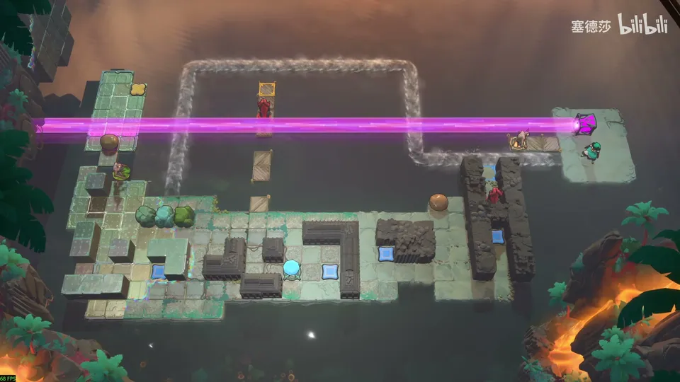 Low Beamcasters puzzle 61: a long stone maze of walkways over dark water with a magenta beam across the top, small stone walls, gems and blue pads