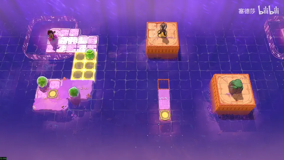Low Beamcasters puzzle 62: violet water with a pink stone island holding green skipping stones and yellow pads, orange stone blocks and a framed pit on a narrow pier