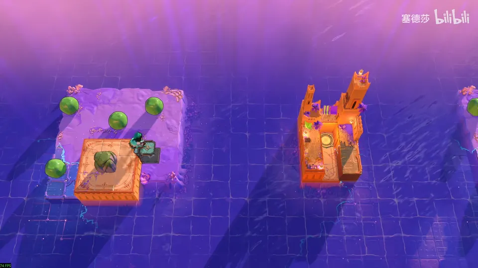 Low Beamcasters puzzle 63: violet water with a pink island holding green skipping stones, an orange block with a stone on it and an orange tower on the right