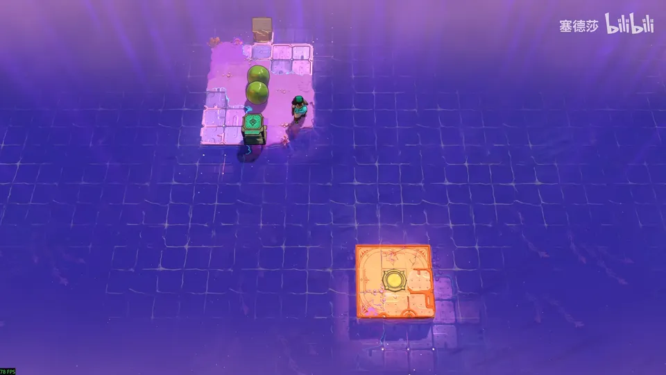 Low Beamcasters puzzle 64: open violet water with a small pink island holding skipping stones and a hero at the top and an orange block with a yellow pad below