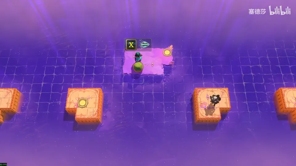 Low Beamcasters puzzle 65: violet water with a small pink island at the top holding a skipping stone and the Explorer, and orange blocks below