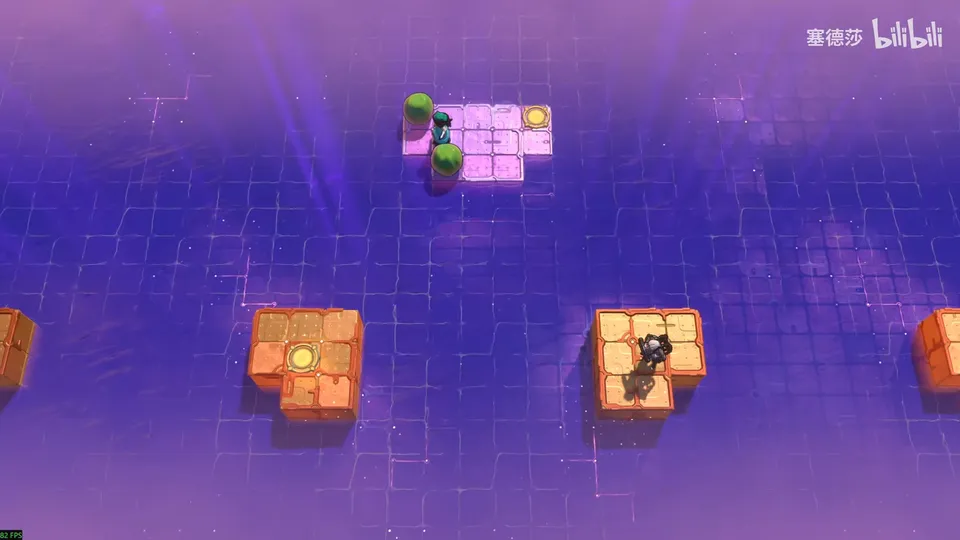 Low Beamcasters puzzle 66: violet water with a pink island at the top holding a skipping stone and heroes, and orange blocks with a yellow pad below