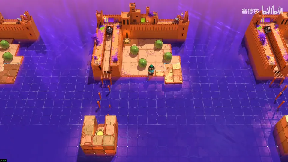 Low Beamcasters puzzle 67: an orange fortress island with green skipping stones on violet water, a narrow pier and an orange block with a pad below