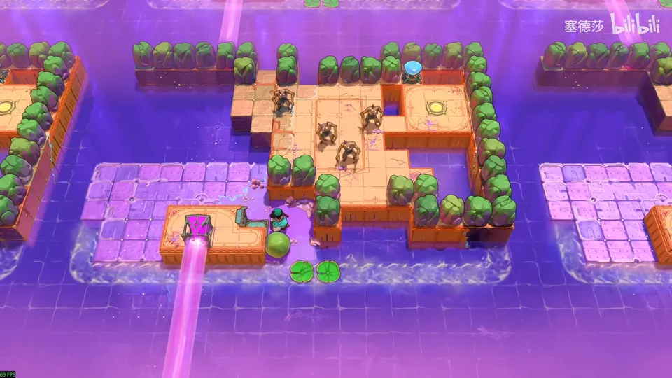 Low Beamcasters puzzle 68: an orange stone island ringed by hedges on violet water, a pink walkway around it, a magenta emitter at the bottom, lily pads and stones