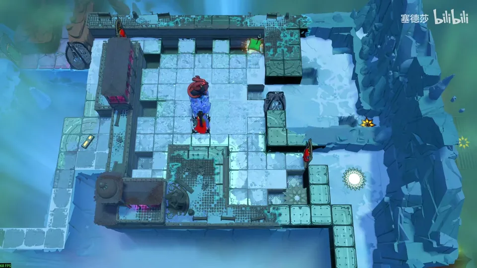 Low Heroes Mixed Stacking area map: an icy stone courtyard with a red dragon on a blue block, dark stone walls and a white exit glow at the bottom right