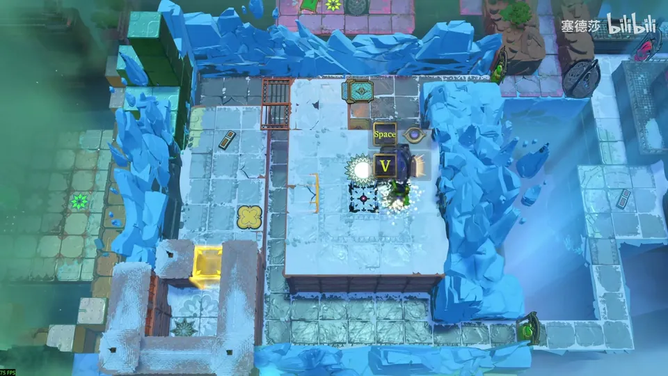 Low Heroes area map: an icy courtyard with blue ice cliffs, a raised platform with a dark statue and two stars, a yellow energy block at the bottom left