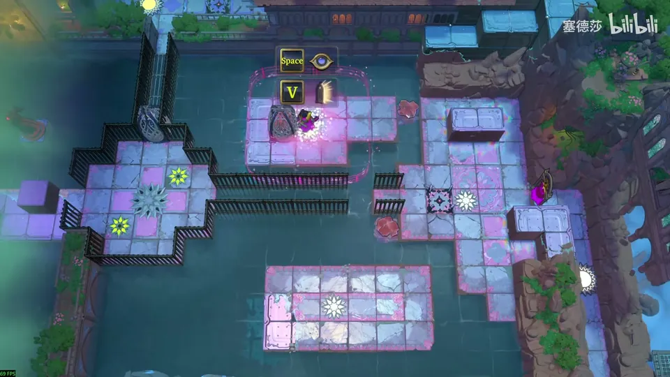 Low Heroes Bard and Water area map: lilac tiled platforms and walkways over dark water, the Bard on the upper platform beside a statue, a gate and two green stars on the left