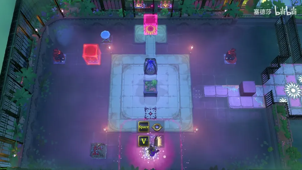 Low Heroes area map: a raised square plaza in dark water with a statue, red energy blocks on both sides, lilac walkways on the right and the Bard at the bottom