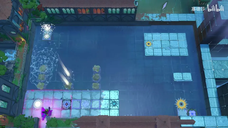 Low Heroes area map: a walled basin of dark water with a pale walkway along the bottom, a sun-shaped switch at the bottom right, a few crystals and a pale platform at the top right