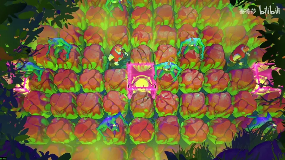 Low Heroes puzzle 1: a grid of orange mangrove blocks in green water with three goblins, pink frames at the edges and a hero near the bottom