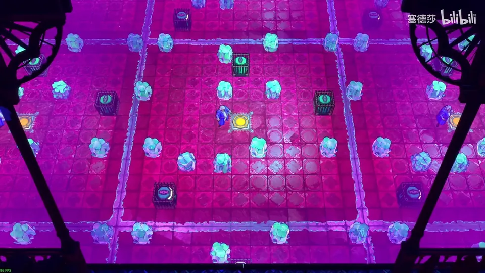 Low Heroes puzzle 2: a magenta tiled room seen through dark railings, pale blue crystals spread around, several carts and a yellow exit in the middle