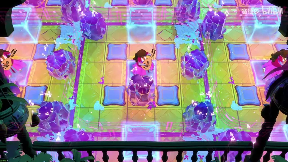 Low Heroes puzzle 3: a bright yellow and green tiled terrace with purple crystals, blue cushions and the Bard in the middle, a balustrade in front