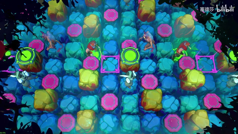 Low Heroes puzzle 4: blue clover tiles with pink octagon pads, yellow stones, two green buttons, purple energy frames, two goblins, the Warrior and the Thief