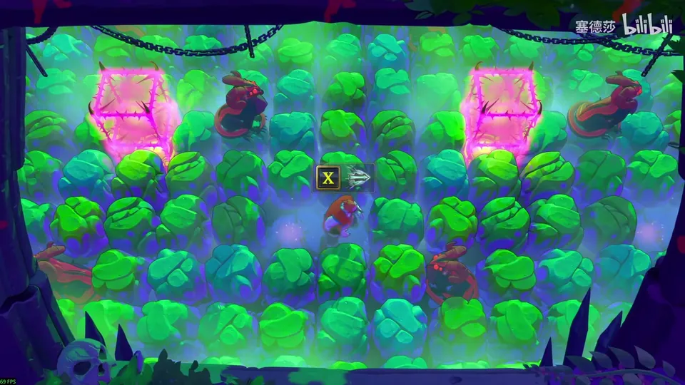 Low Heroes puzzle 5: a green clover-tile room with two pink energy cubes at the top, red dragons on raised and floor tiles and the Warrior holding the wand