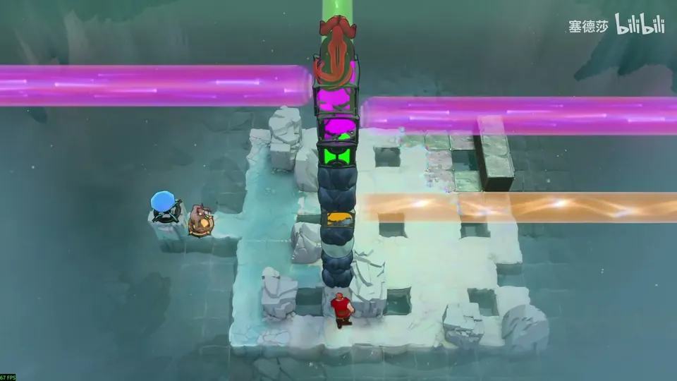 Low Heroes puzzle 6: a pale stone island with grey pillars and pits, a tall stack topped by a dragon with pink, green and orange beam emitters, purple and orange beams across, the Warrior and two heroes on the left