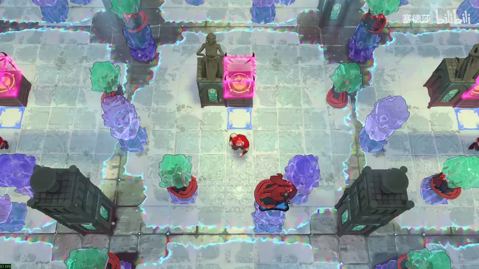 Low Heroes puzzle 7: a pale tiled plaza with dark iron towers, green and purple crystals on red pedestals, a dragon on a blue button, pink energy blocks at the top and the Warrior in the middle