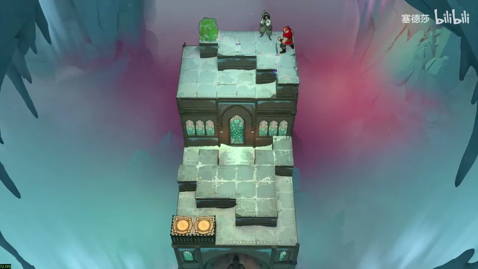 Low Heroes puzzle 8: a tall stone tower with stepped ledges in a pink and teal void, a green stone and two heroes at the top and a two-tile exit at the bottom left