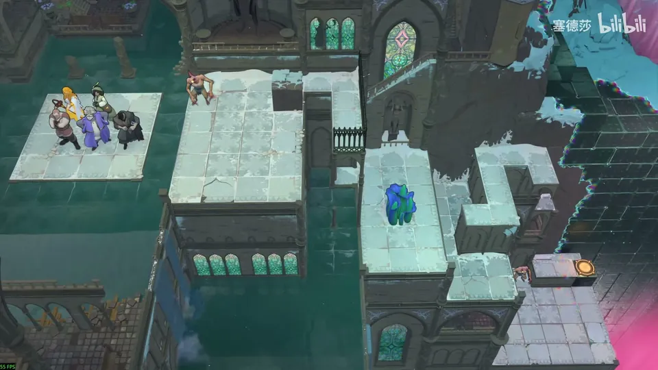 Low Heroes puzzle 9: five heroes on a high pale platform, a goblin on the next one, a blue crystal on a lower ledge and one exit at the bottom right