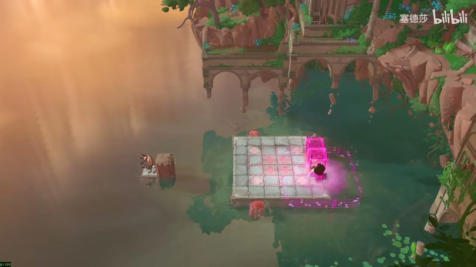 Low Heroes puzzle 10: a small pink-tiled platform in green water with a pink crystal and the Bard, a goblin on a tiny island to the left