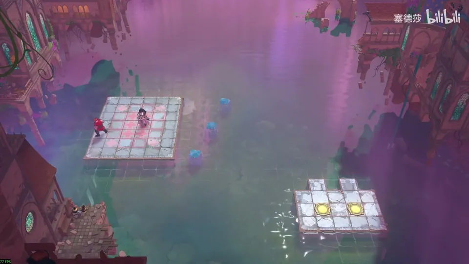 Low Heroes puzzle 11: a pink-tiled platform in purple water with the Warrior and the Bard, small crystals in the water and a platform with two yellow exits far to the bottom right