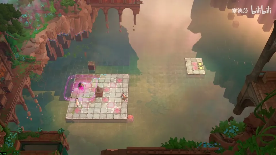 Low Heroes puzzle 12: a pink-tiled platform in golden water with the Bard, the Cleric, a goblin and a stone, a small exit platform at the top right