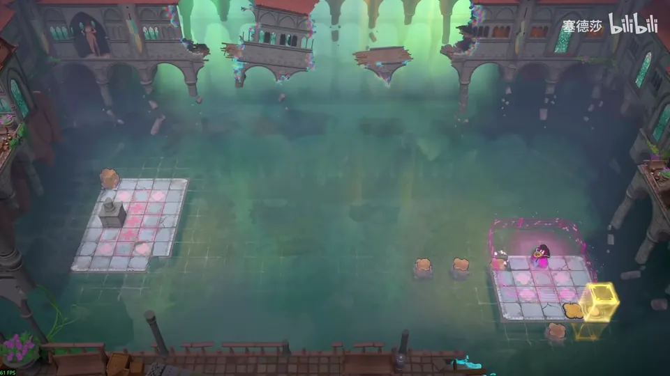 Low Heroes puzzle 13: green water with a pink-tiled platform on the left holding a pedestal, the Bard on a platform at the bottom right with a yellow block and small crystals in the water