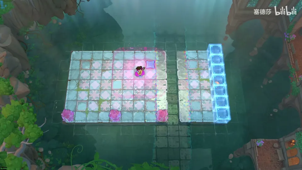 Low Heroes puzzle 14: a large pale tiled platform with the Bard and a small blue button, pink crystals along the bottom edge, a strip of blue energy blocks on the right