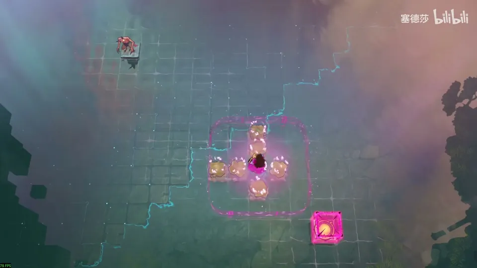 Low Heroes puzzle 15: open misty water with faint cracks, the Bard surrounded by five crystals in a cross, a small goblin island at the top left and a pink exit block at the bottom right