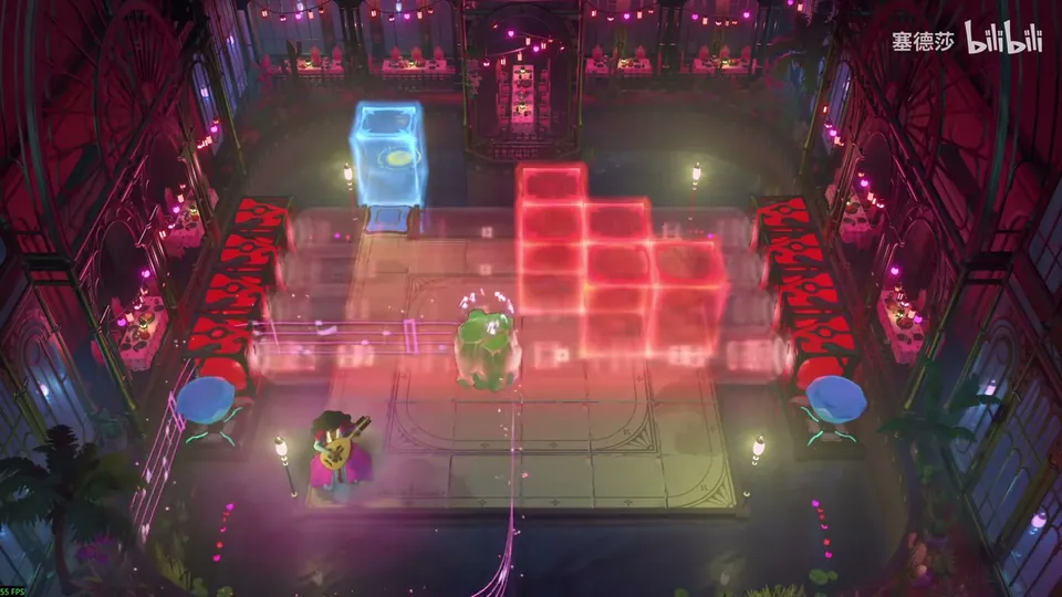Low Heroes puzzle 16: a dark red hall with a stepped pile of glowing red energy blocks, a cyan block at the top left, a green crystal and the Bard in front