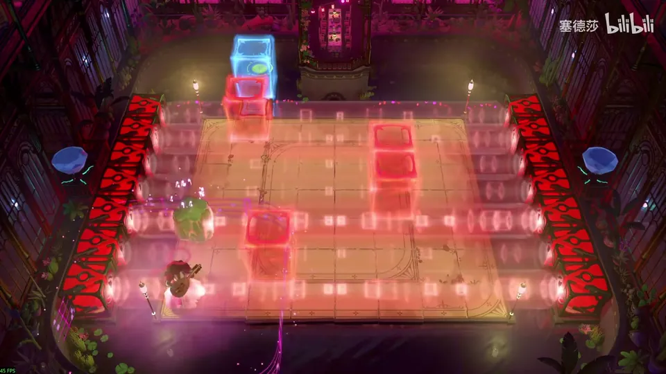 Low Heroes puzzle 17: the dark red hall again with four red energy blocks spread out, a cyan block at the top left, a green crystal and the Bard