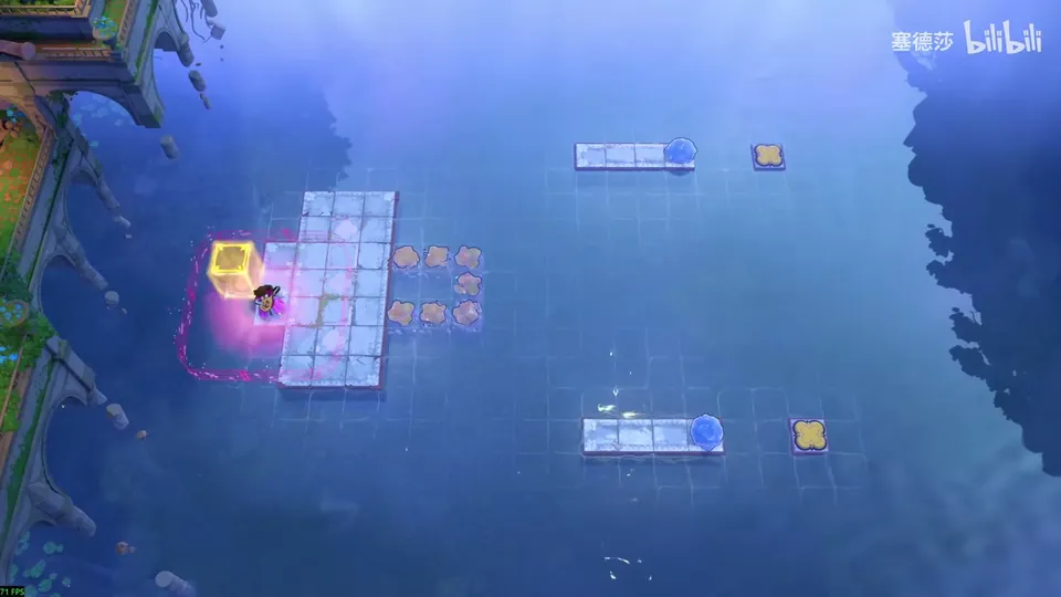 Low Heroes puzzle 18: blue water with a T-shaped pale platform and a yellow block on the left, the Bard beside a U of small crystals, two thin platforms with buttons on the right