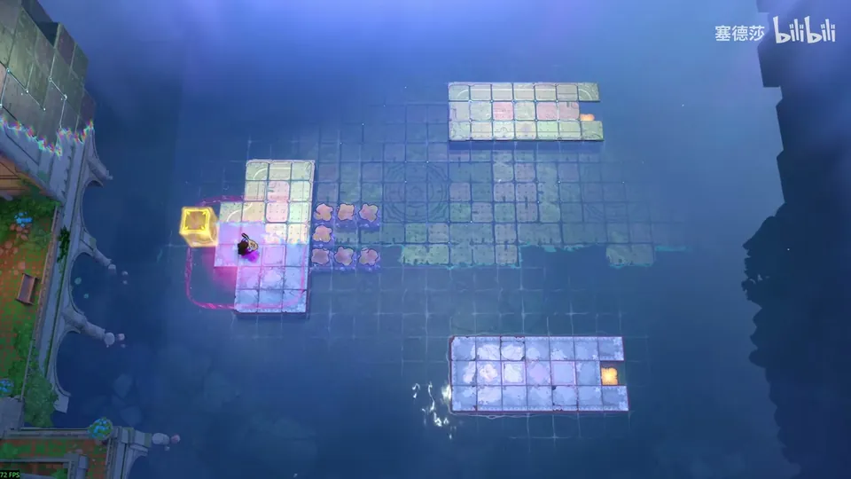 Low Heroes puzzle 19: a larger version of the U-car room with a T-shaped platform, a yellow block, a row of crystals and two wider platforms with buttons on the right