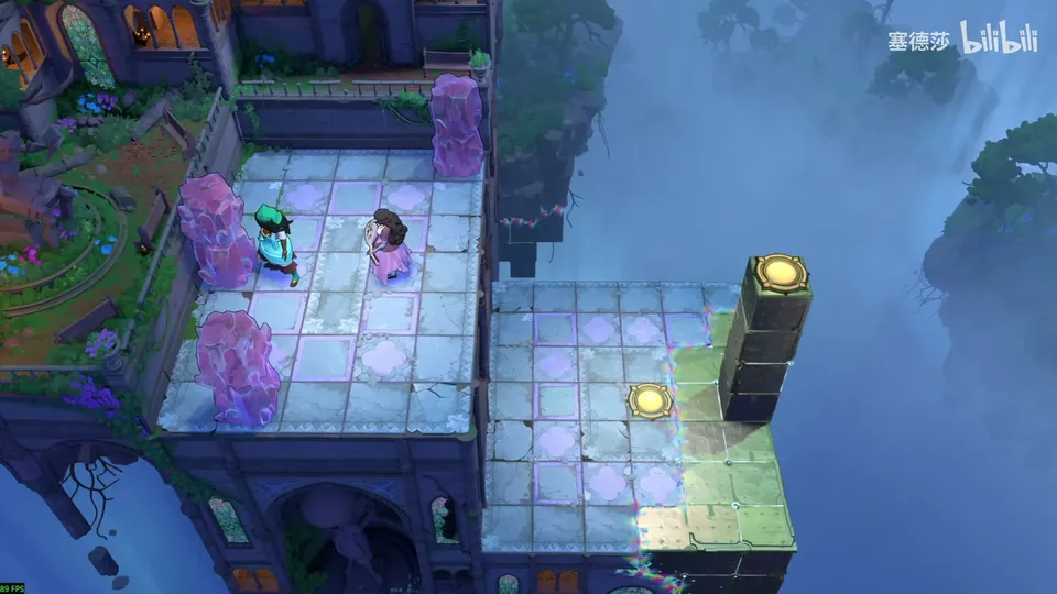 Low Heroes puzzle 20: a tiled tower top with pink crystals, the Sailor and the Bard, a lower terrace to the right with a button and a tall dark pillar with a light on top