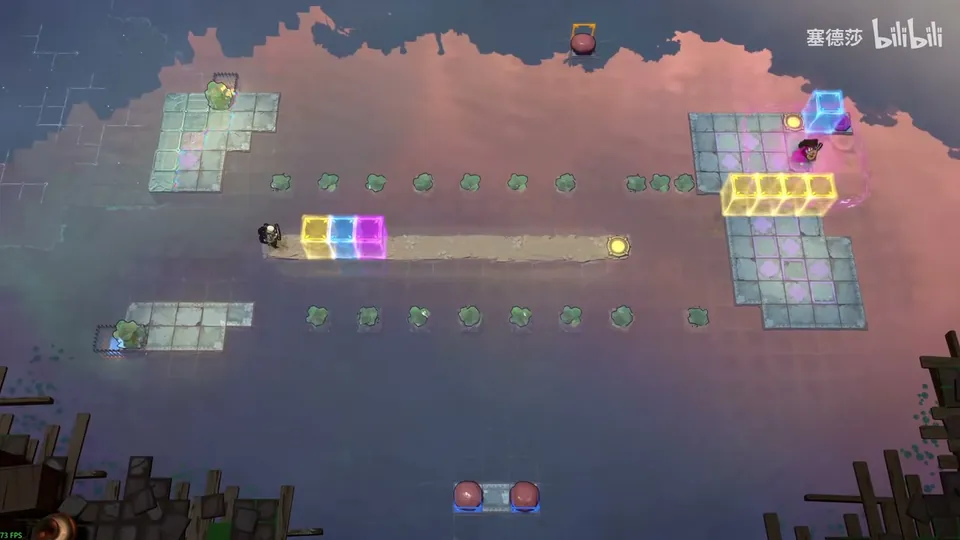 Low Heroes puzzle 21: pink-lit water with small pale platforms, a row of yellow, blue and pink blocks leading to a track, the Explorer on the left and a yellow block stack at the top right