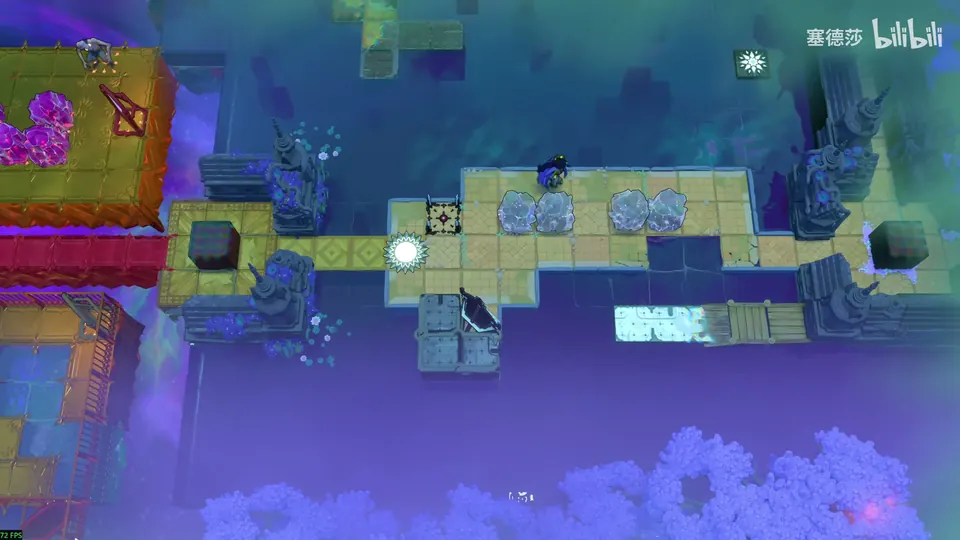 Low Mirrors overworld: a sandy walkway over purple water with four grey stones, mirrors beside it and blocks of blue water at the right