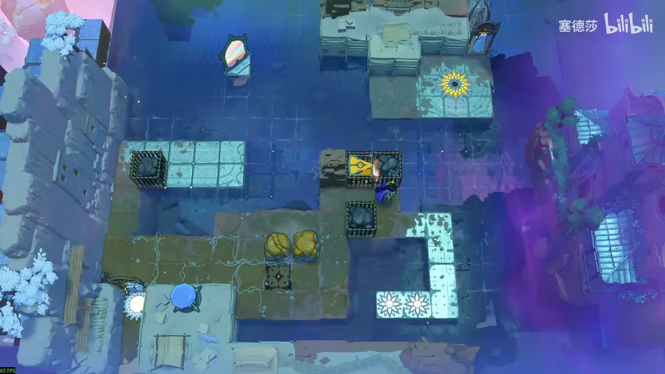 Low Mirrors overworld: grey ruins on dark blue water, sandy paths with yellow star tiles, a mirror at the top, a hero and a blue gem at the bottom